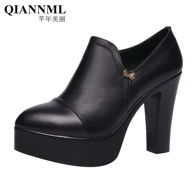 Zapatos de tacón de bloque de talla pequeña 32-43 con plataforma para mujer, zapatos de tacón alto de cuero dividido negro para otoño 2024, modelo