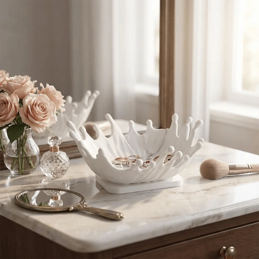 3D Printed Jewelry Storage Tray Modern Aesthetic Ring Holder Water Splash Design Wavy Edge Jewelry Display Plate