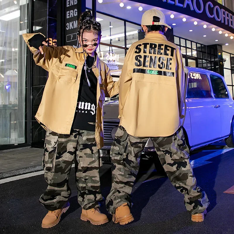 

Kids Hip Hop Clothes Sets Letter Long Sleeve Shirt + Camouflage Pants Teen Boys Street Dance Costume Girls Jazz Performance Suit