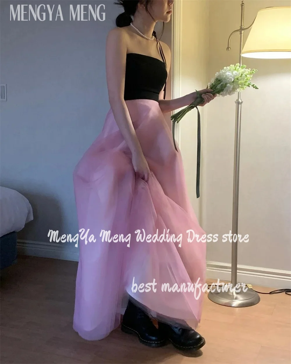 فساتين الحفلات المسائية الكورية البسيطة باللونين الأسود والوردي على شكل حرف A بدون حمالات لصور الزفاف بدون أكمام بدون ظهر فستان حفلة موسيقية مشد