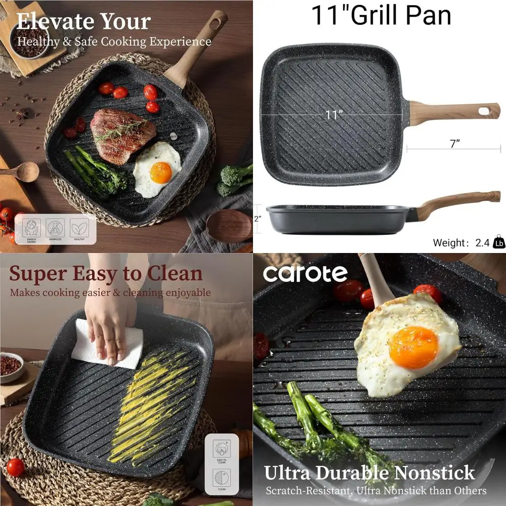 

11-квадратная сковорода-гриль с антипригарным покрытием и гранитным покрытием, подходит для внутреннего и наружного использования, совместима со всеми плитами, черная