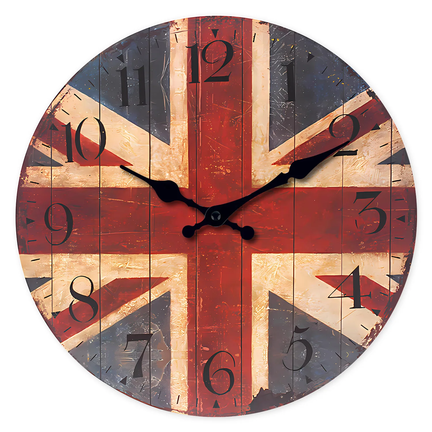 Retro British Flag Pattern Wooden Wall Clock for Living Room, Bedroom, Kitchen, Home Decoration, Silent Quartz Clock, Holiday Gift, 10 Inches, 12 Inches, 14inch, 16inch (No Battery)