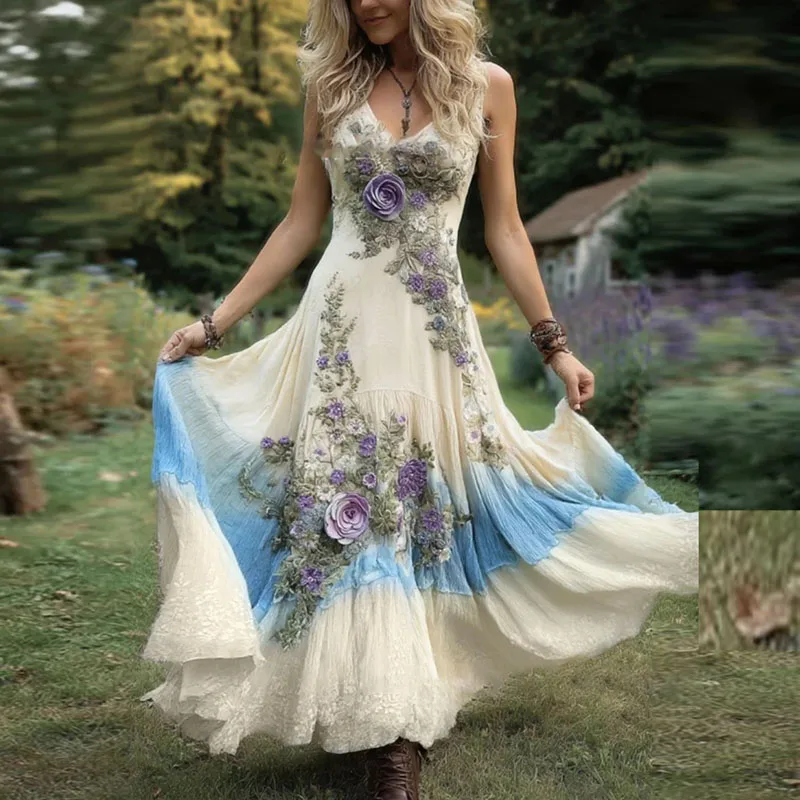 Sexy Hohl Tiefem V-ausschnitt Böhmischen Urlaub Kleid Frühling Retro Blume Drucken Swing Frau Kleider Sommer Ärmellose Strap Maxi Kleid
