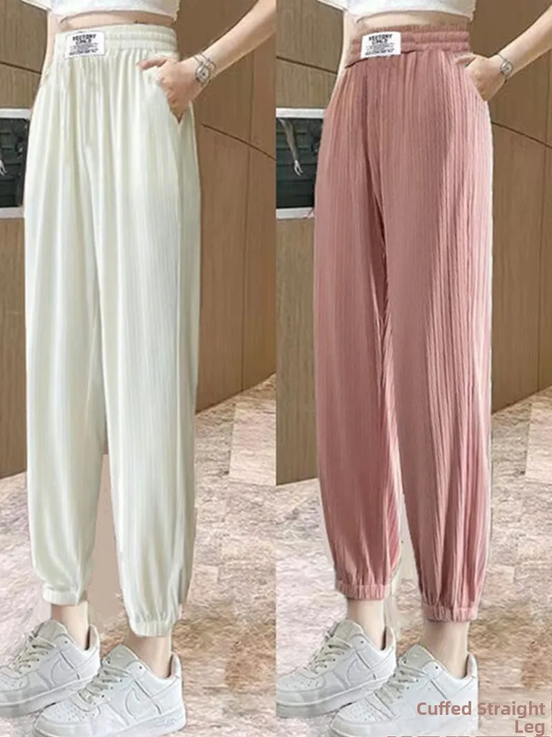 

Женские тонкие спортивные брюки, летние свободные повседневные брюки с манжетами, прямые брюки, универсальные, с высокой талией, из полиэфирного волокна, оригинальные Sle