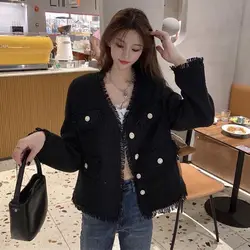 Giacca da donna in tweed manica lunga Blazer in Tweed nero bottoni tascabili a maniche lunghe con scollo a v cappotto chic coreano autunno abbigliamento donna