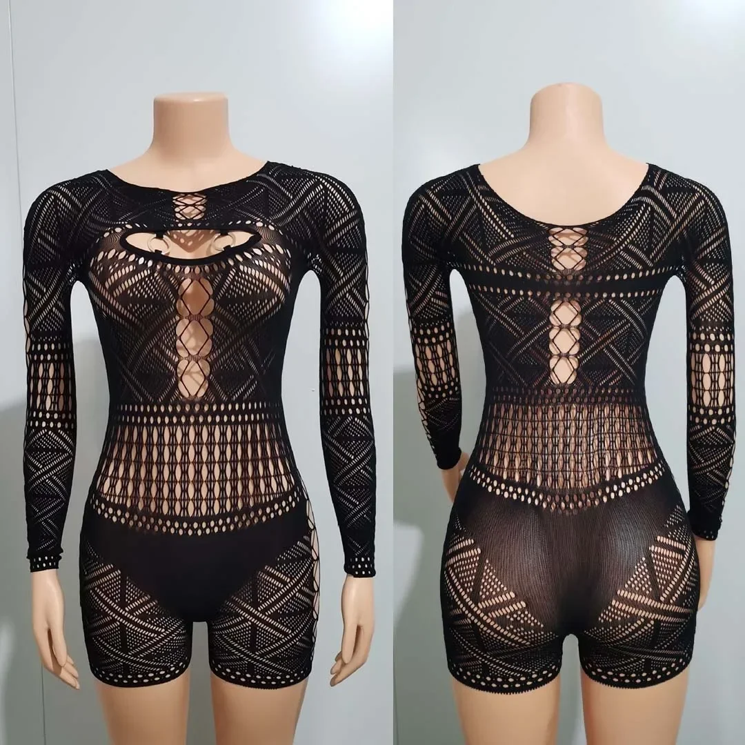 بذلة نسائية مثيرة بأكمام طويلة شفافة من خلال الزي بقماش شفاف مجوف للنوادي الليلية قصيرة