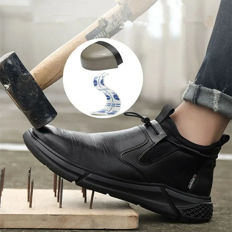 Black Leather Men Waterproof Shoes Work Safety Shoes Steel Toe Men Sneakers Wear-resistant Indestructible Construction Man Boot