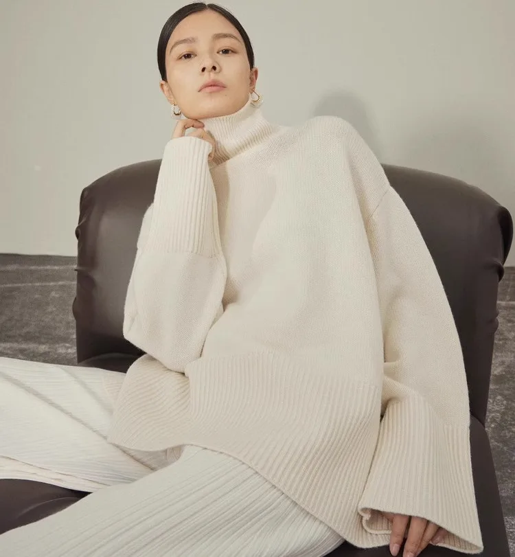 Hooggesloten kasjmier trui vrouwelijk 100% puur kasjmier losse verdikking lui silhouet trui gebreid dieptepunt shirt