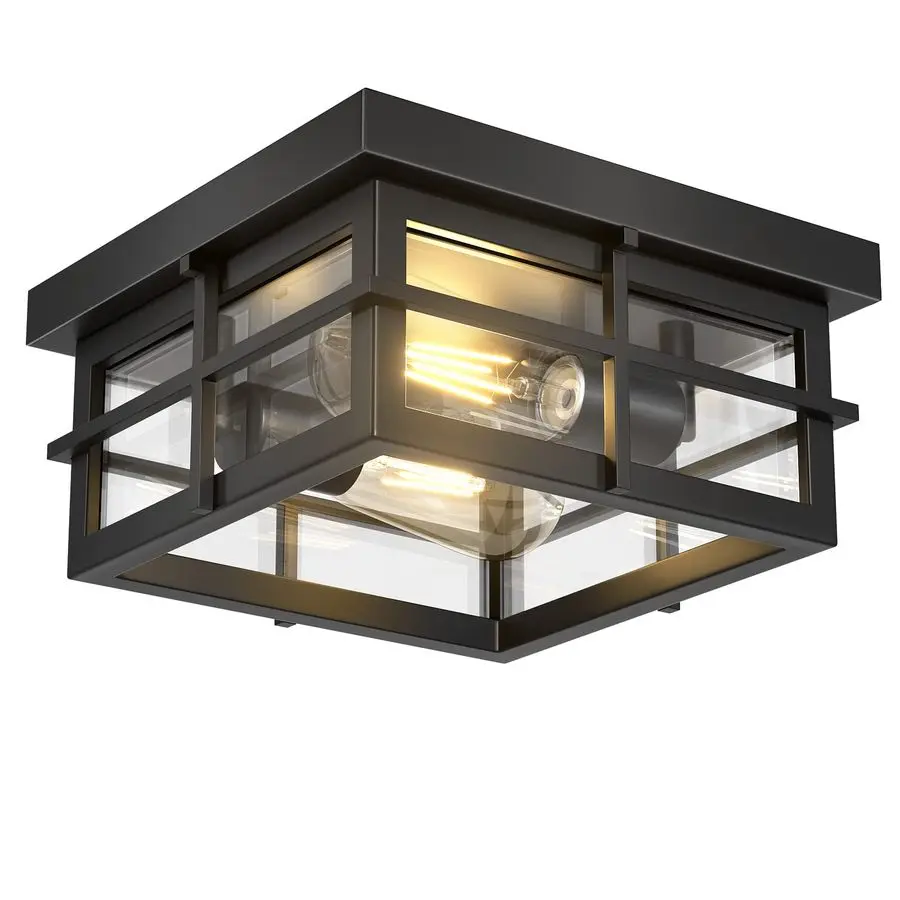 

Modern Outdoor Ceiling Light Fixtures, 2Light Black Flush Mount Light Fixtures with Clear Glass Shade, Farmhouse Square Ceiling