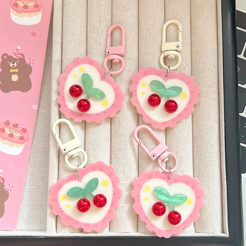 Cute Pink Love Cherry Key Chain Sweet Girl Pendant Car Key Ring Backpack Charms Bag Decor Accessories Bestie Gift