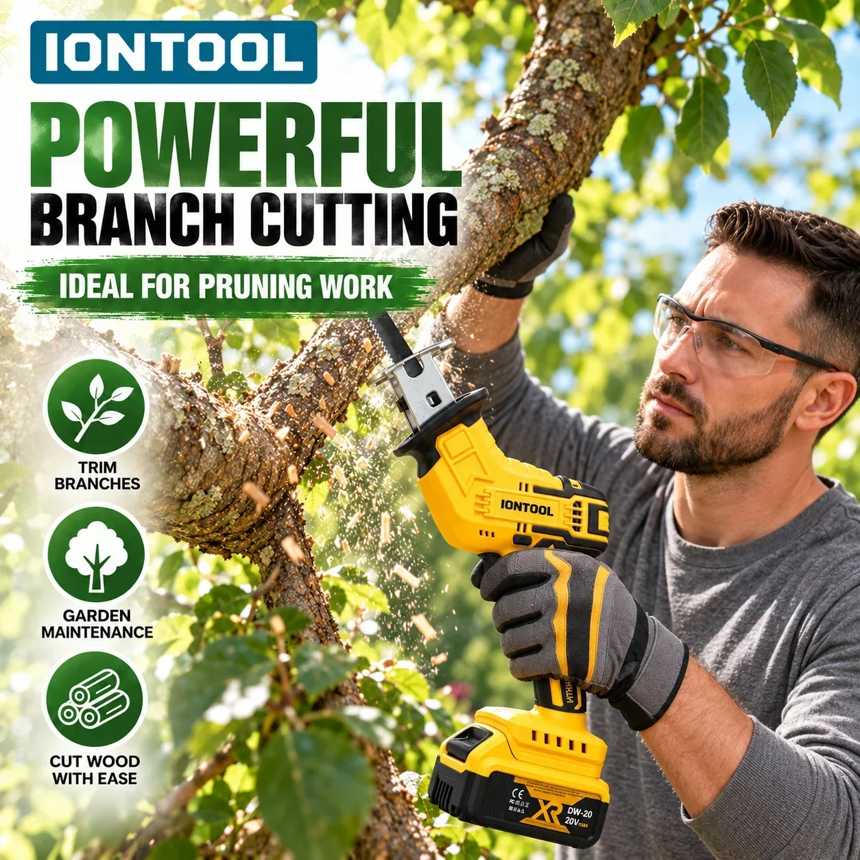 IONTOOL Yellow Cordless Handheld Saber Saw For Tree Limb Pruning Metal Pipe Cutting Rubber Hose Trimming and Repair