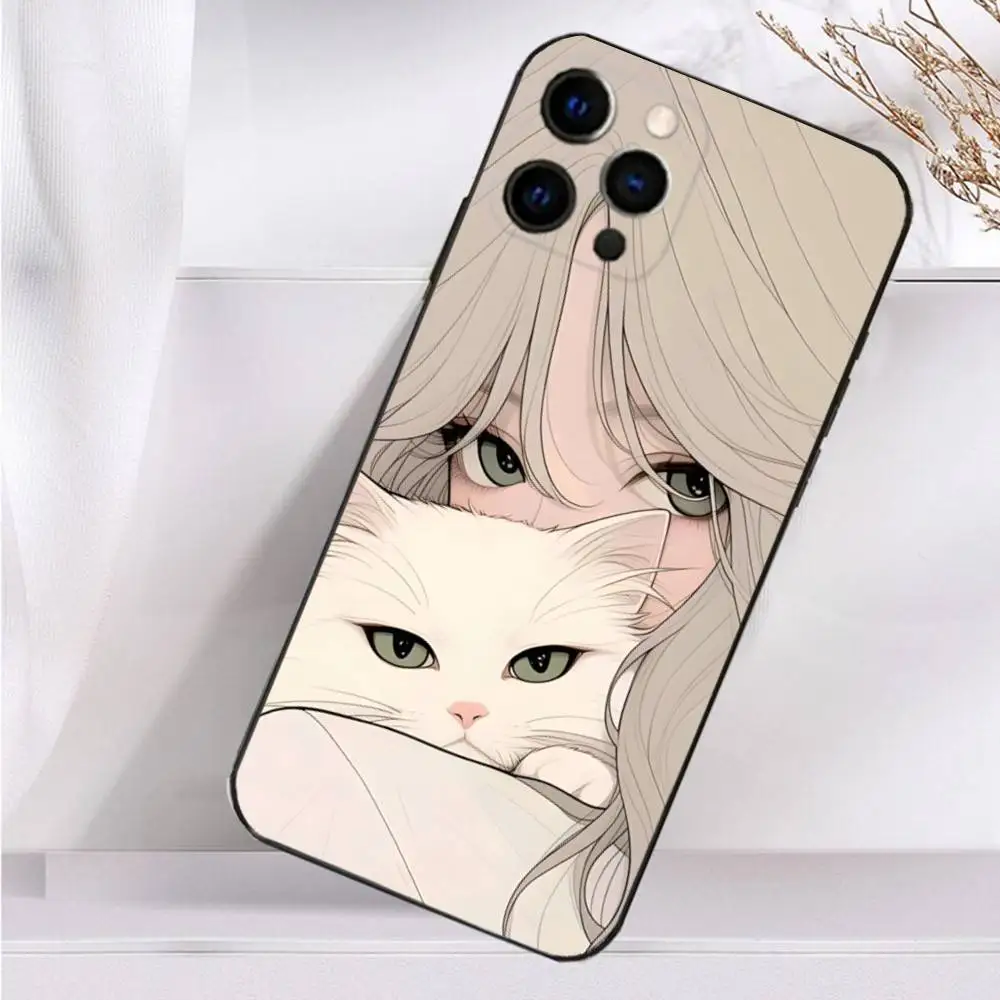 Funda rosa de dibujos animados Beauty Girl para iPhone 16,15,17,14,13,12,11 Plus,Pro Max,XS,X,XR,SE,Mini,8,7 funda negra de silicona suave