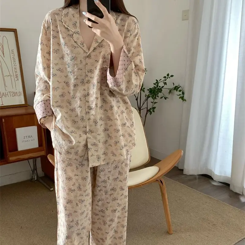 Pajama Sets Women Floral Aesthetic Sleepwear Casual Prairie Chic Autumn Sweet Home Cozy Students Korean Style V-neck New Pockets