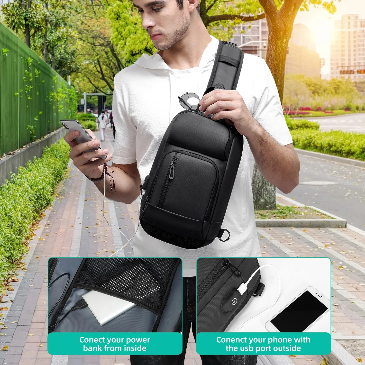 Eurcool-Bolso de hombro cruzado impermeable para hombre, de pecho con carga USB bandolera, Ipad de 9,7 pulgadas, regalo para marido