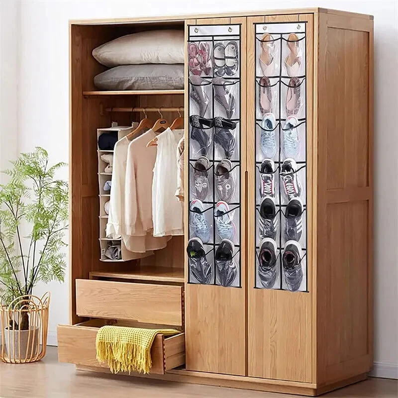 12/24 Grids Wall-Mounted Sundries Shoe Organiser Fabric Closet Bag Storage Rack Mesh Pocket Clear Hanging Over The Door Box view 2