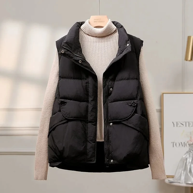 

2025 Autumn Winter New Down cotton Vest Jacket for women Casual Short Stand collar Warm Waistcoat Lady Thick Sleeveless Outwear
