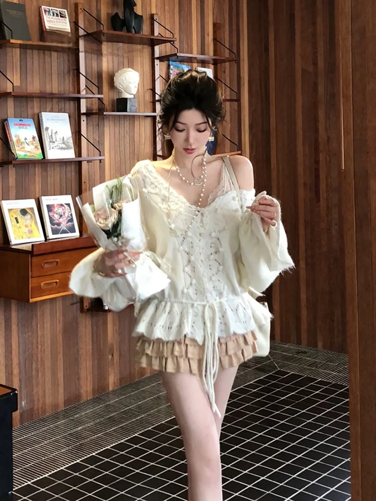 

Warm Cloud Sweater Hollow out Knitted Ball V-Ne Loose Dstring Bot Women's Knitted Sweater Commute Sle Long Sve