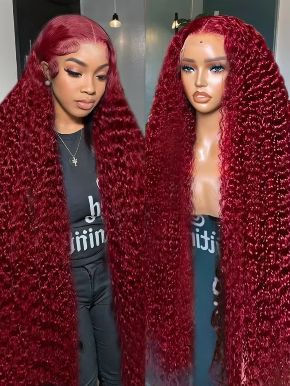 

Curly 99j Burgundy 13x6 Lace Frontal Human Hair Wig 46 Inch Deep Wave Red Colored 13x4 Hd Lace Front Wig 220% Density For Women