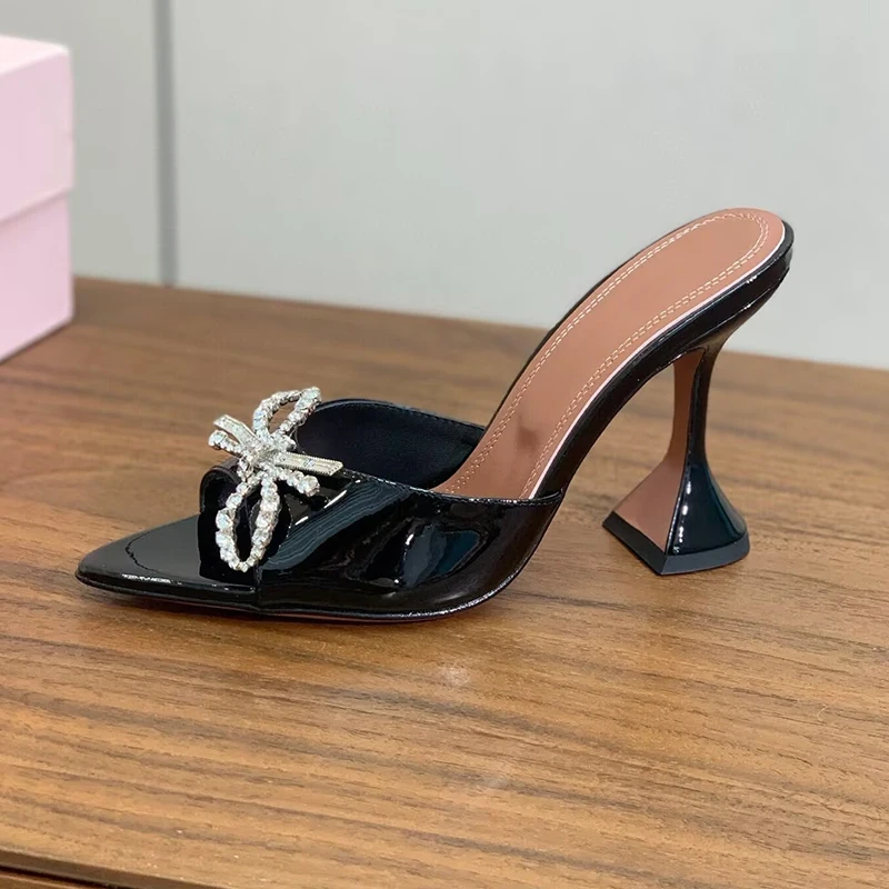 Bling Rhinestone Bow Decor Cup High Heel Slippers Women Shiny Leather Pointed Toe Sandalias De Muje Summer Party Banquet Shoes