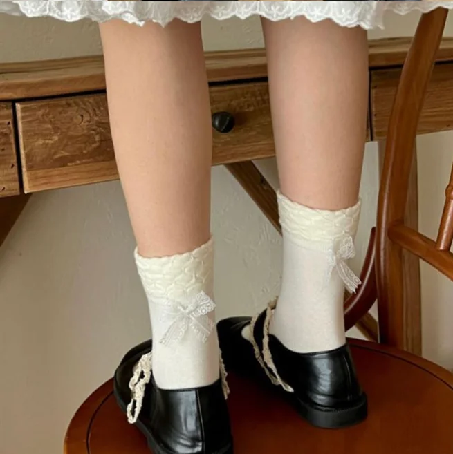 

Lace Bow Ballet Mid Calf Ladies Cotton Socks Cute Kawaii Harajuku Solid Black White Gray Soft Comfort Girls Gift Accessory Socks