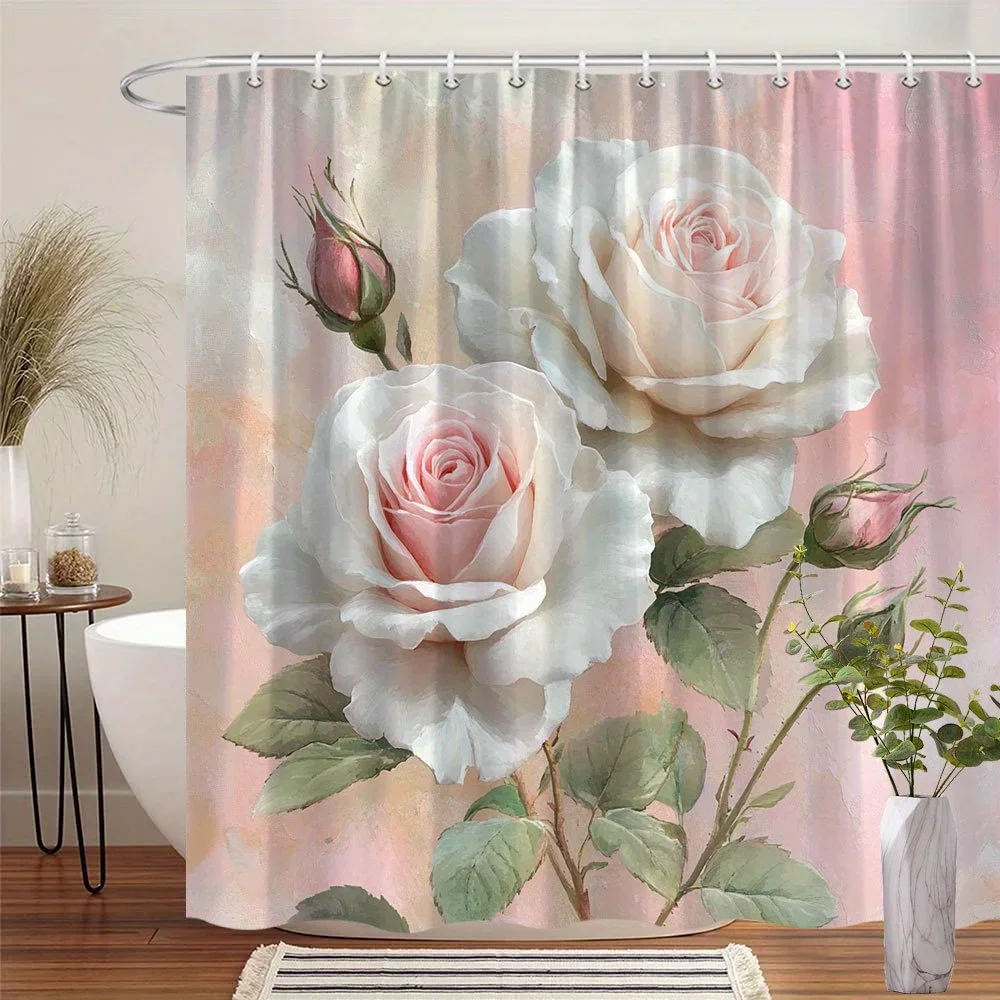 Romantic White Roses Shower Curtain, Full-Bloom Floral Design, Soft Pink Centers, Green Leaves, Pastel Pink Background,12 Hooks