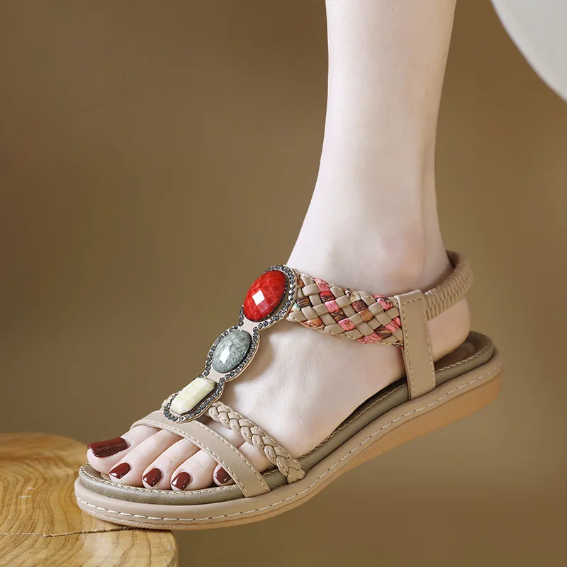 2025 summer new woman sandals Bohemia Style Flat Heels casual comfort non-slip flat sandals beaded female beach shoes plus size