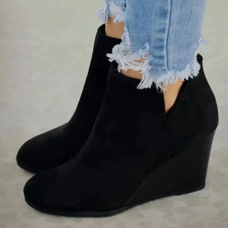 2024 New Women Pumps Boots High Quality Lace-up European Ladies Shoes PU High Heels Boots Plus Size 42 43 Wedge Heel Boots
