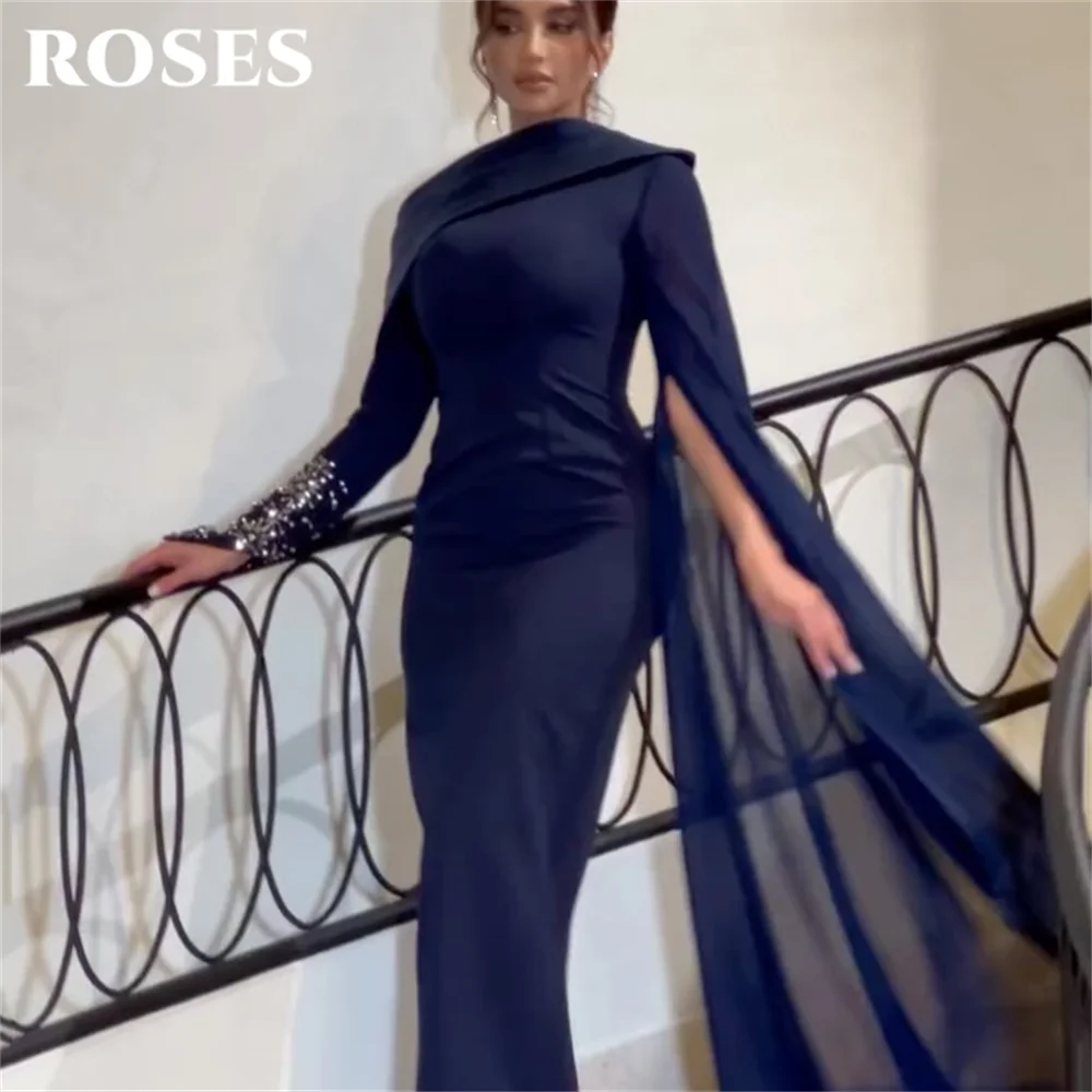 

ROSES Navy Blue Evening Dress Asymmetric Drape Formal Gown Beaded Cuff Night Dresses Mermaid Long Sleeve Prom Dresses Customized