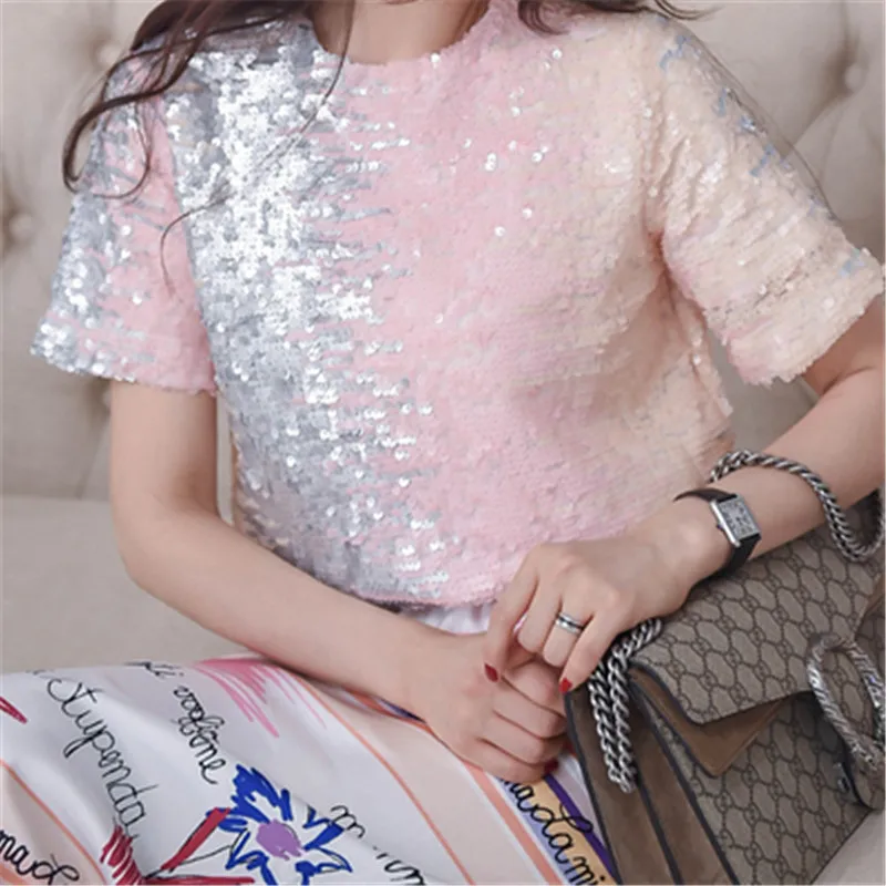 Women Sequin T-Shirt 2022 Hot Sale Summer Short Sleeves Tops Gradient Color Sequins Female Loose Tees T Shirt Pink