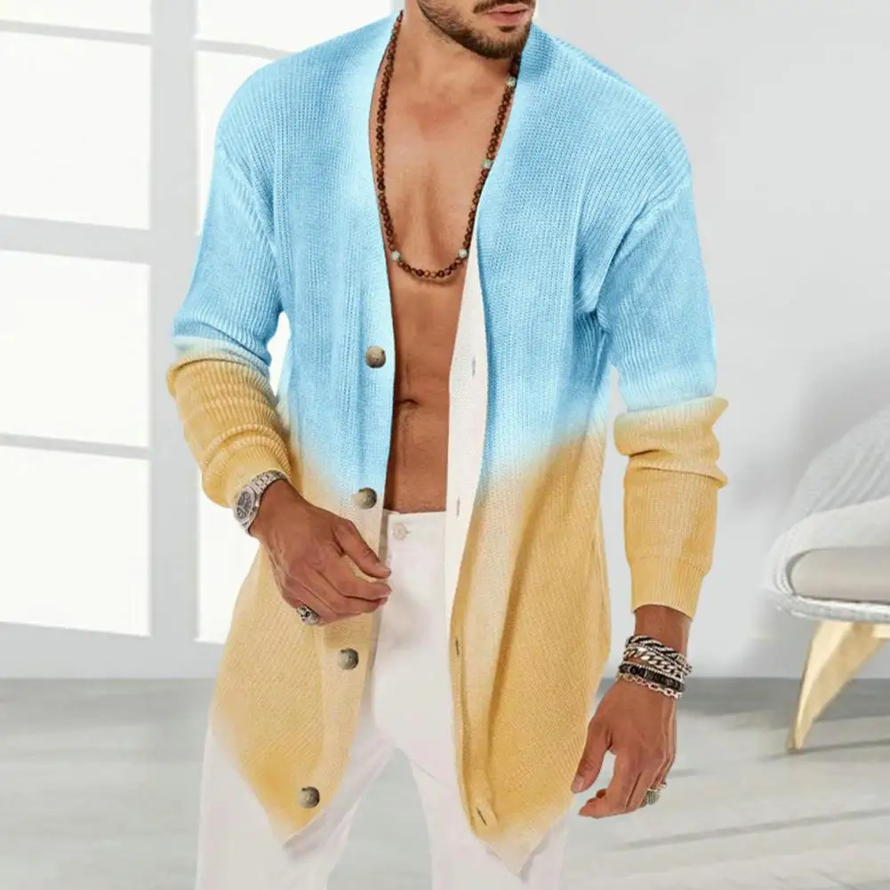 

Men Fall Spring Coat Single-breasted Gradient Color Mid Length Long Sleeve Buttons Knitted Waffle Texture Men Long Jacket