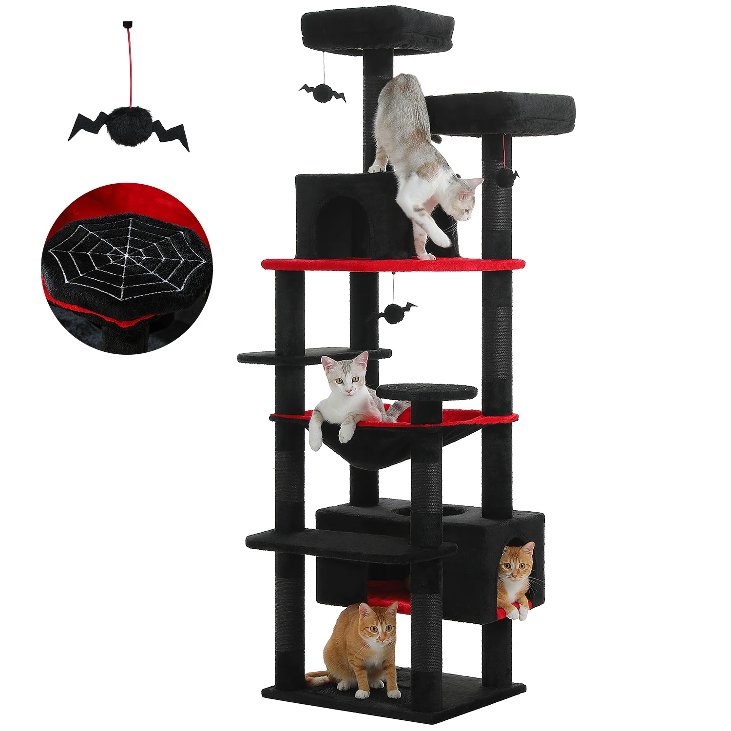 PEQULTI Mehrstufiger Kratzbaumturm mit Kratzbäumen und Brett, Hängematte, Katzenwohnung, geräumiger oberer Sitzstange und baumelnden Bällen für Hauskatzen 7
