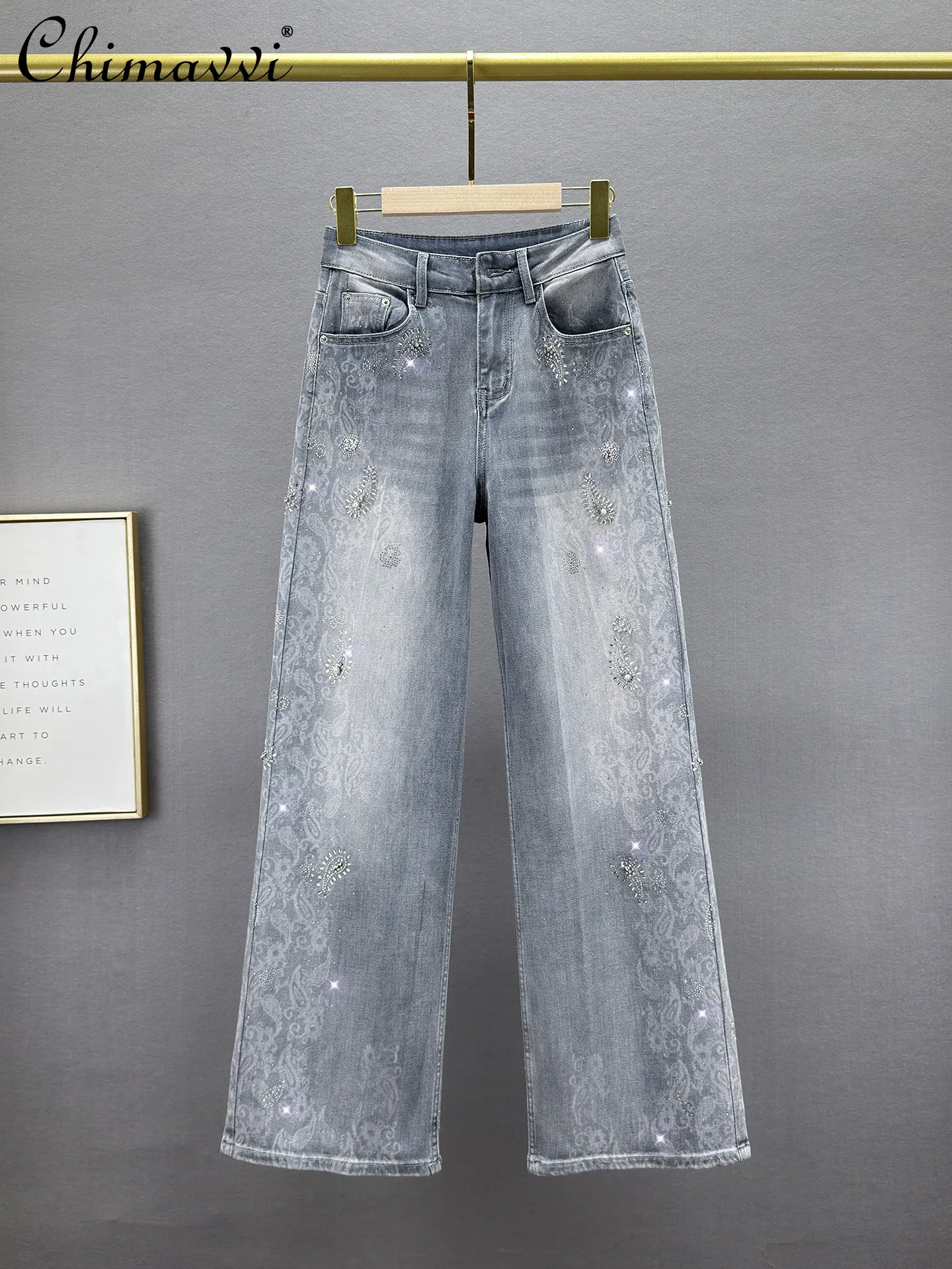 

Модные широкие джинсы для женщин, весна 2026, новые, с высокой талией, свободного кроя, облегающие, европейские, со стразами, длиной в пол