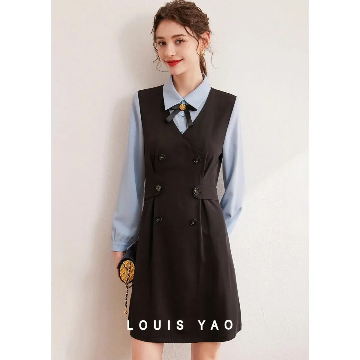 

LOUIS YAO Patchwork Contrasting Colour Dress 2025 Spring Autumn Flip Collar Detachable Bow Tie Long Women's Dress Slim
