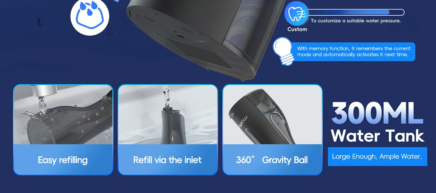 Kabelloser Wasserflosser für Zähne F18, 4 Druckstufen, 8 Düsenaufsätze, IPX7 Wasserdicht, USB-Aufladbarer Akku für Tiefenreinigung – Detail 3