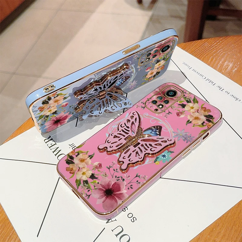 N ote 11 Flower Butterfly Plating Holder Phone Case For Xiaomi Redmi Note 11S 11Pro 11TPro 11EPro 10T 11T 11SE 12R 12S 12 Cover