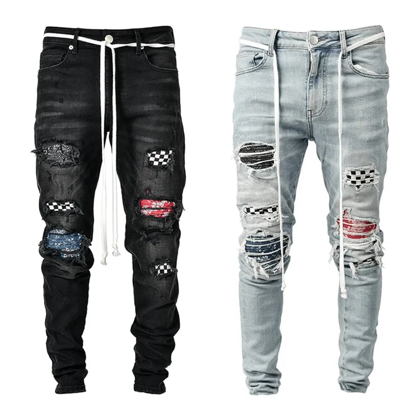 Pantalones vaqueros ajustados para hombre, Jeans elásticos de retazos de rejilla rasgada, pantalones pitillo elásticos de Hip-Hop para correr, ropa para hombre