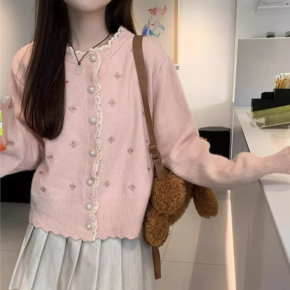 Korean Fashion Pink Sweaters Jacket Women Autumn Winter Lace Cardigan Knit Long Sleeve Gentle Girl Elegant Ladies Knitted Coats