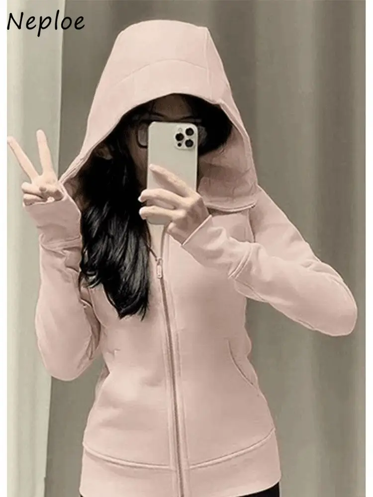 Neploe Solid Sweet All-match Slim Hoody Korea Chic Coat Trendy Minority Zip Exquisite Casual Sweatshirt Elegant Simple Jacket