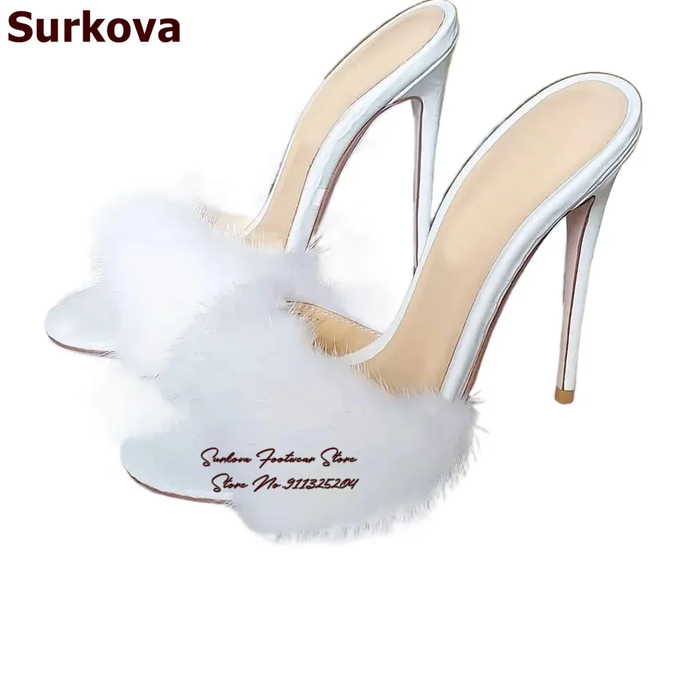 Surkova White Black Soft Fur Round Toe Slippers High Heel Open Toe Slip-on Dress Shoes Shallow Summer Banquet Pumps