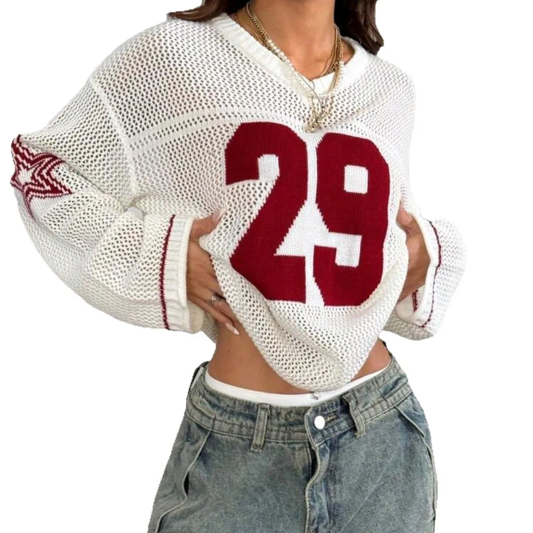 

White Blue Hollow Letter Printing Loose Tshirts Women V Neck Long Sleeve Sporty Street Tops Y2K 096