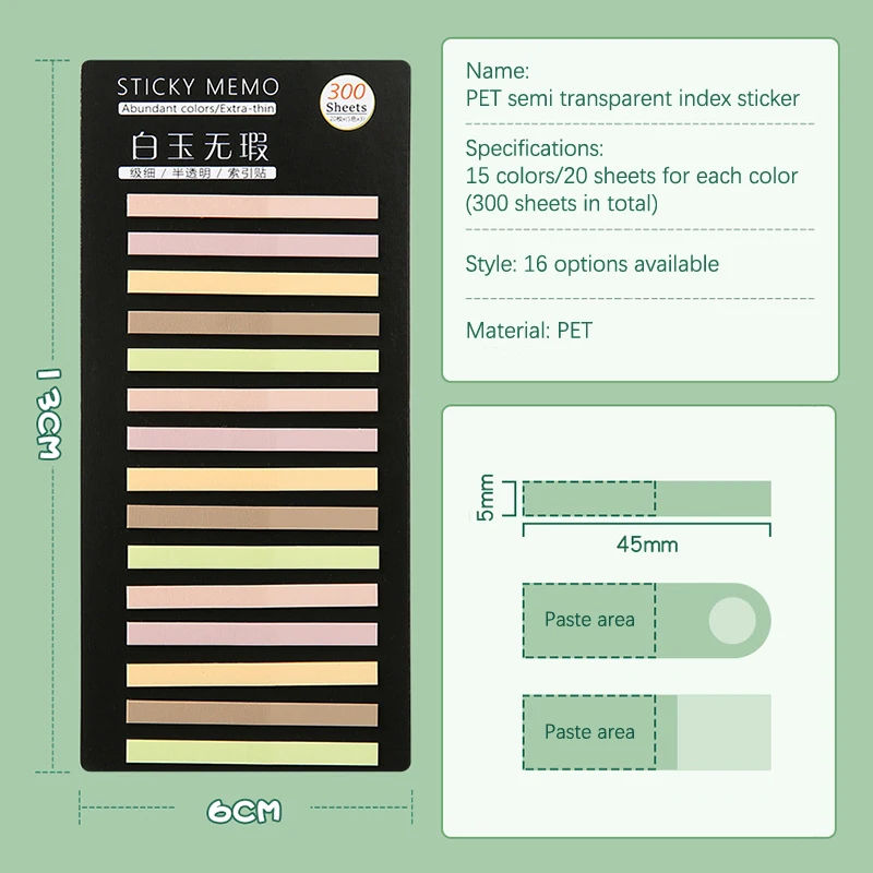 300Sheets Translucent Rainbow Color Index Sticky Notes Paper Sticker Notepad Bookmark School Supplies Kawaii Stationery Gifts