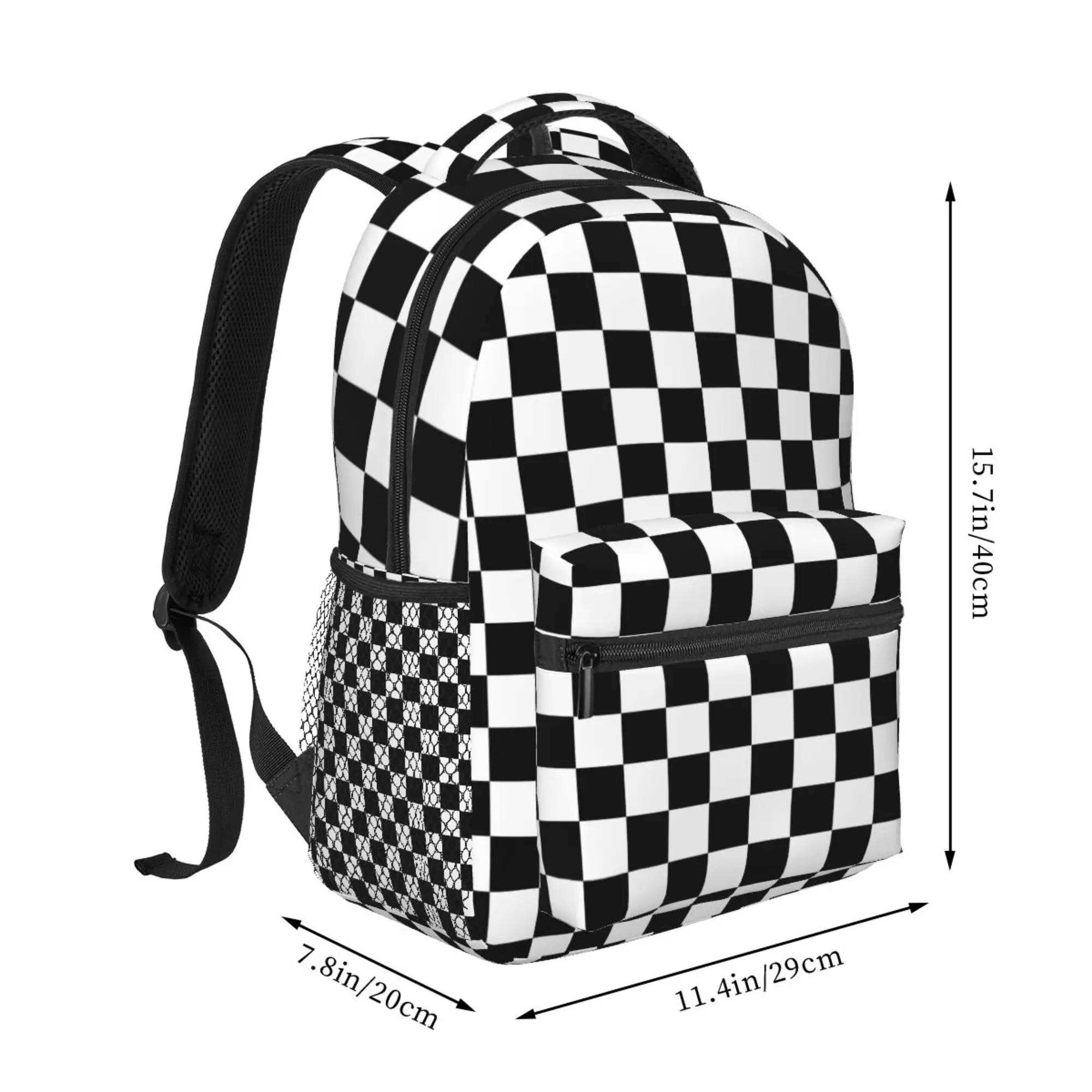 Black And White Squares Plaid Backpack Classic Basic Water Resistant Casual Daypack for Travel with Bottle Side Pockets