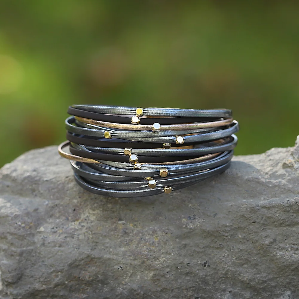 ALLYES Vintage Metal Beads Soft Leather Bracelet for Women Charm Slim Strips Bangles & Bracelets Female Party Jewelry