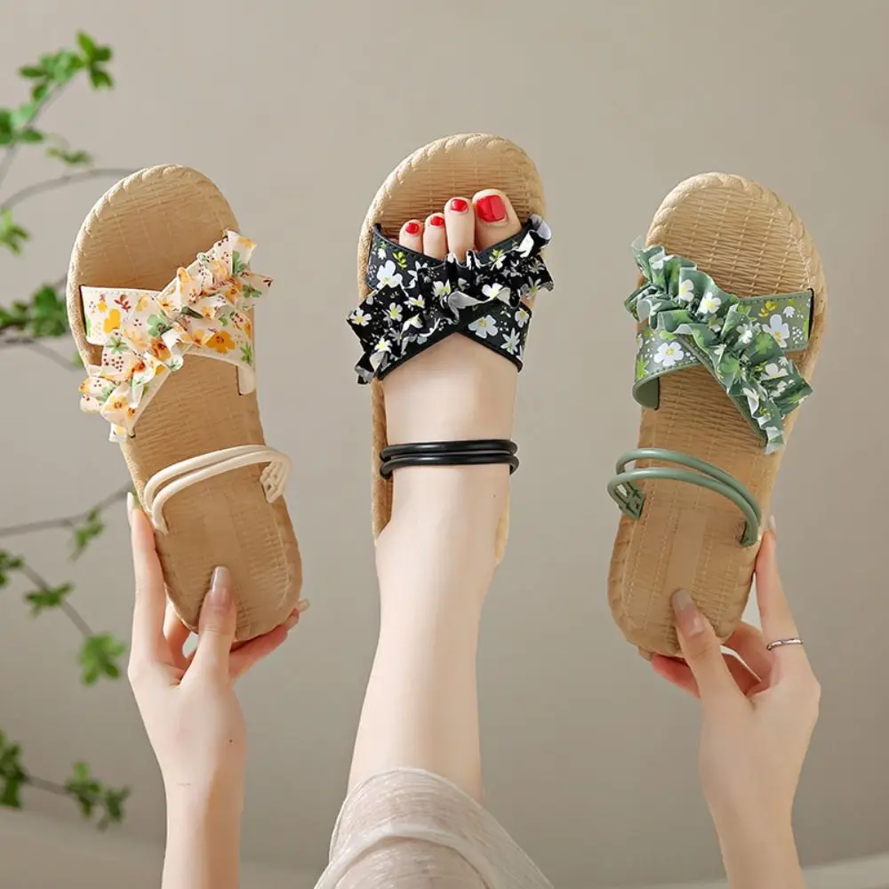 لطيف بولي كلوريد الفينيل زهرة الشقق النعال المضادة للانزلاق كشكش بحر أحذية مفتوحة أحذية البوهيمي نمط النعال للنساء الصيف