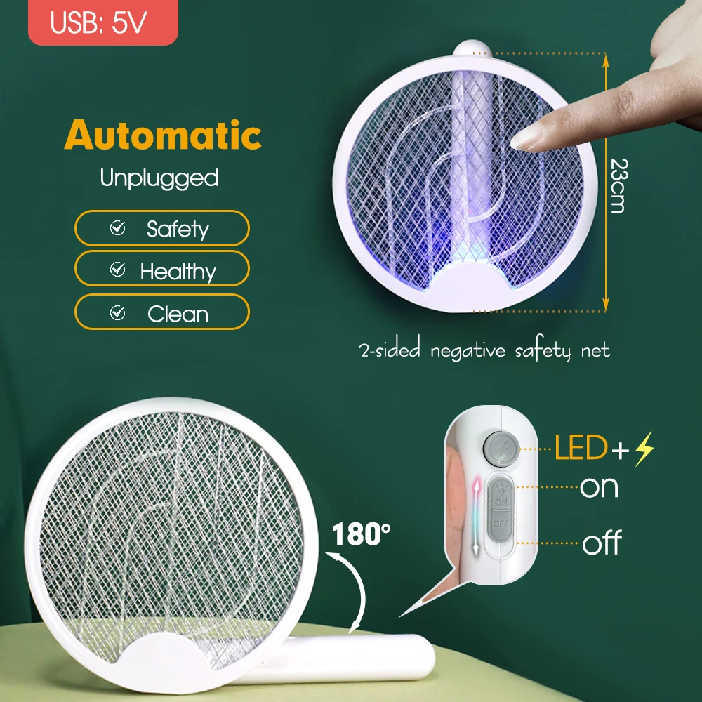 1200mAh 3000V Smart USB Rechargeable Fly Swatter Racket Mosquito Zapper Bug Zapper Insect Killer Racket Against for Home Garden