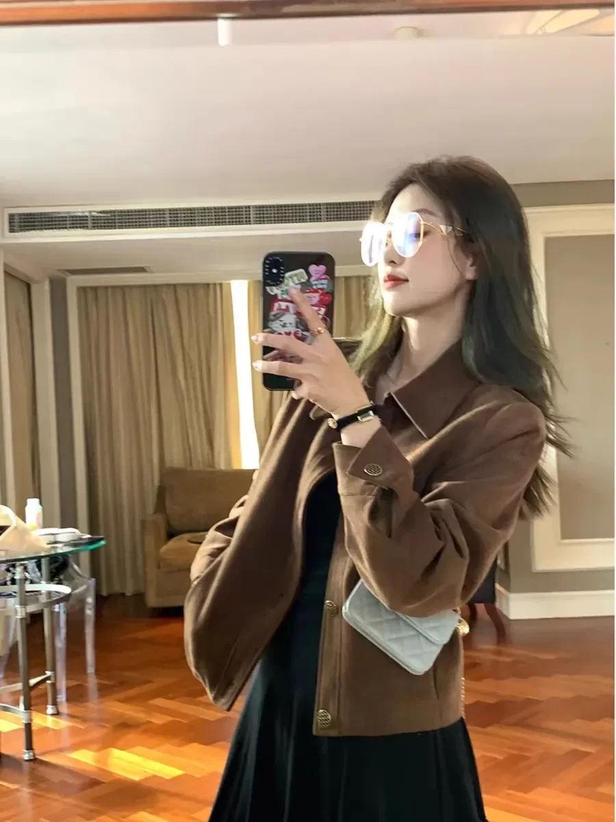 

Caramel Suede ort Jaet Women's Loose Casual Sle Spring Autumn Korean Faion Retro INS Small Size Coat Top