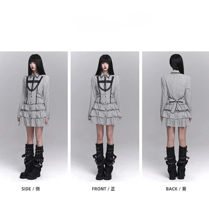 Fashion Gothic Y2K Ghost Dresses Gothic Striped Shirt Dress Long Sleeves Halloween Outfit Kawaii Lolita A-line Dress Girls New