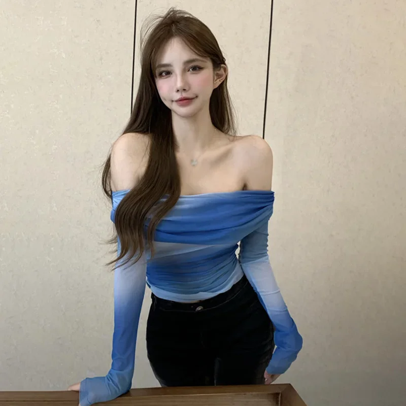 المرأة مثير المحاصيل تي شيرت الكشكشة شبكة المرقعة كم طويل بلايز الكورية نمط سليم بلوزة سيدة الخريف قبالة الكتف القمم #3