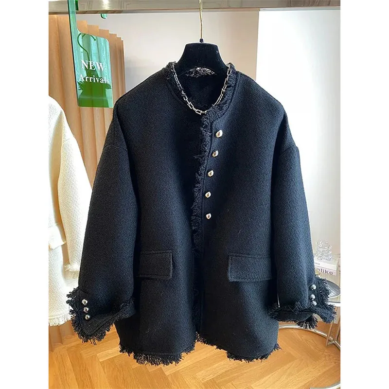 Spring Autumn New Loose Woolen Coat 2024 Female Fashion Mid-Long Woolen Cloth Coats Creamy White Black Overcoat Outerwear