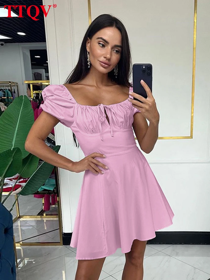 

TTQV Summer Loose Pink Cotton Women's Dress Fashion Square Collar Short Sleeve Mini Dresses Elegant Classic Pleated Female Dress